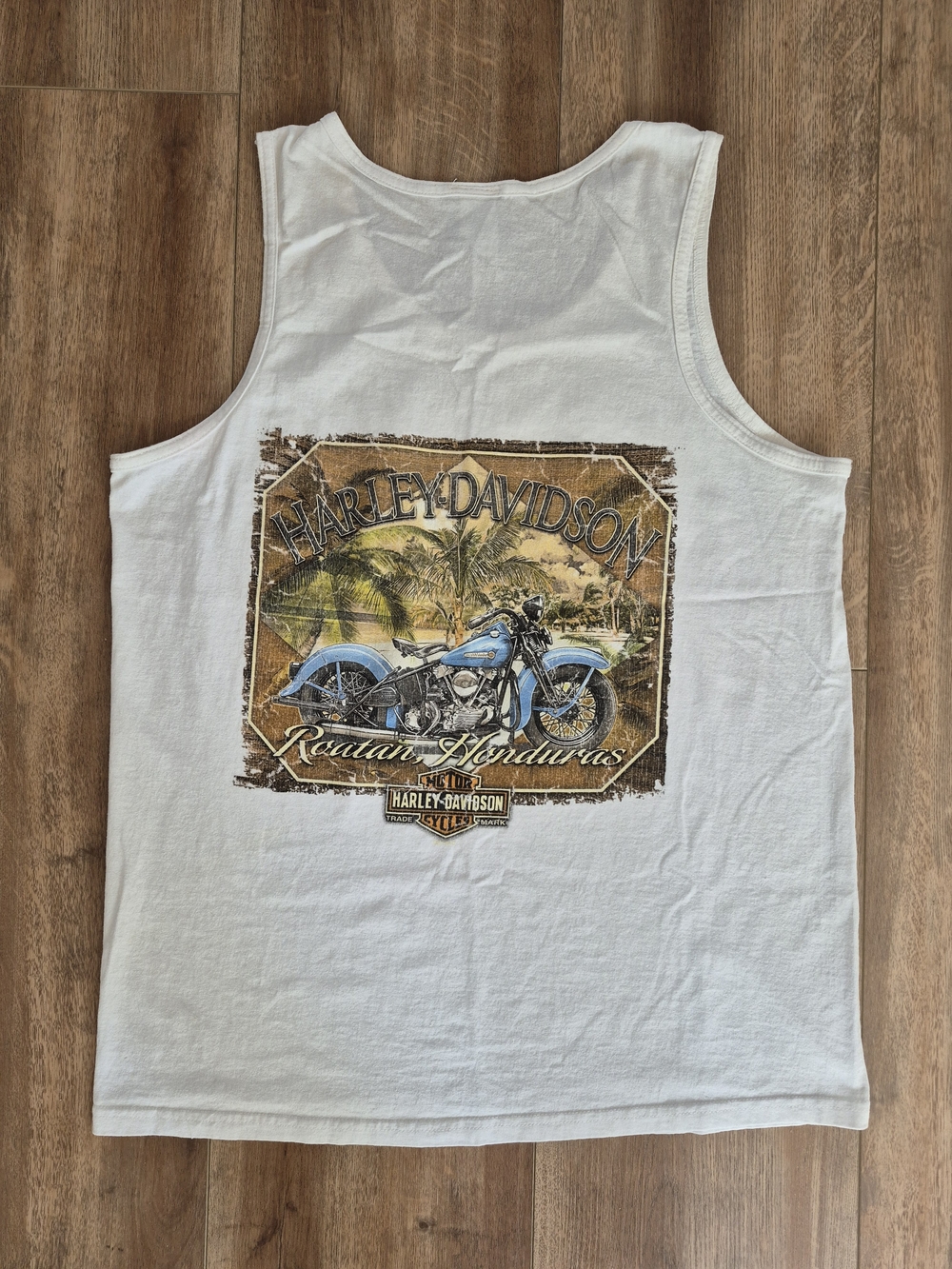 Harley-Davidson White Tank with Blue Motorcycle Graphic Vintage Roatan Honduras